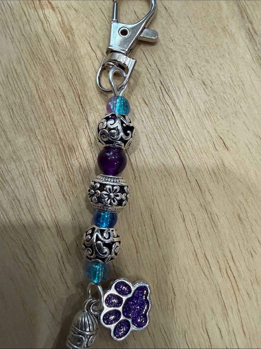 Purple Tassel Paw Bead Keychain with Silver Accents - Picture 6 of 8